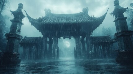 Misty, ancient Chinese gate