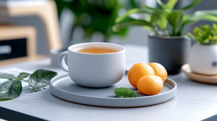 Tea and oranges still life