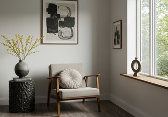Interior design with chair, artwork, and decorative objects by window