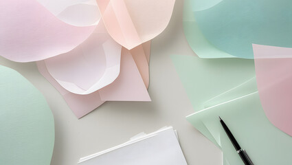 Simple geometric shapes wallpaper with translucent layers and pastel tones, a pen, clean and creative workspace