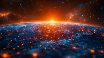 Obraz premium Stunning view of Earth from space, city lights glowing as night falls. Global communication and connectivity