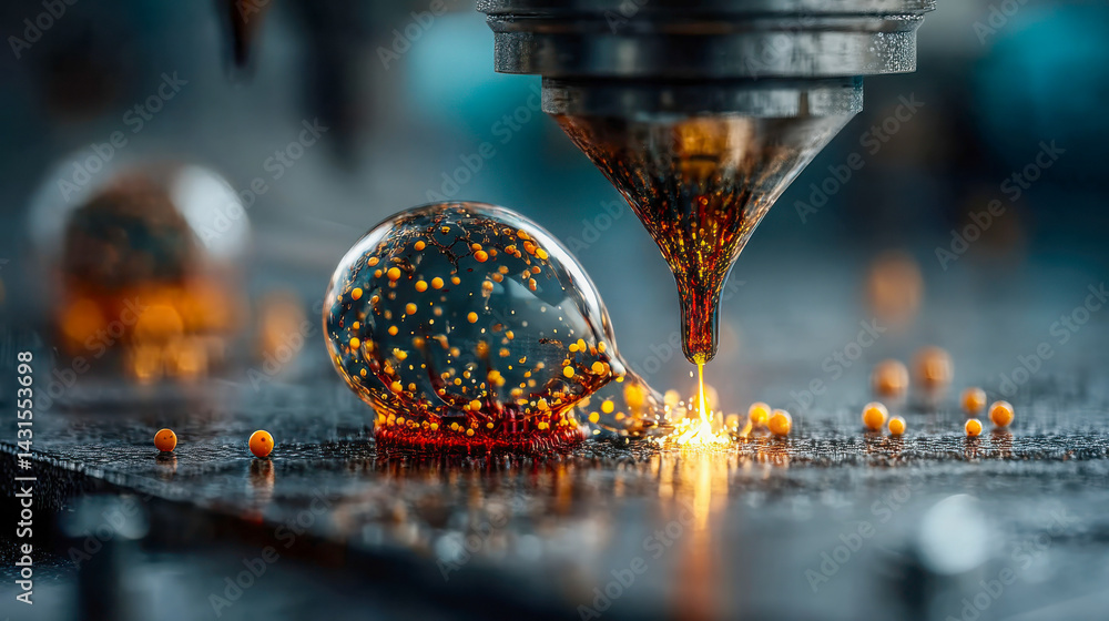 Poster macro view of a high-tech lab nozzle dispensing bio-liquid into a glowing droplet structure filled w