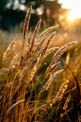 Fototapeta premium Morning light streaming through tall grass, low perspective, warm sunbeams, sparkling dew drops, calm mood outdoors