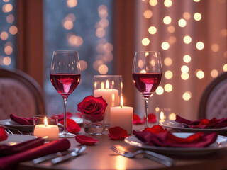 Romantic dinner setting with red roses and candlelight creating a dreamy atmosphere for a special evening
