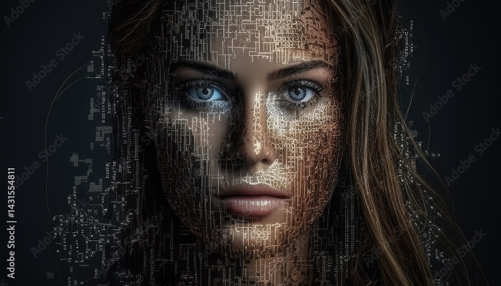 Poster digital portrait of a person with pixelated texture on a green background. human or human robotic lo