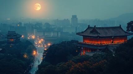Naklejka premium Misty moonlit ancient Chinese city