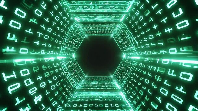 Binary vortex passage, tunnel cascading binary digits 1s and 0s in fluorescent green matte black surfaces, spinning toward a central vanishing point, subtle motion blur, cinematic lens flare, 4K