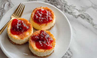 Minimalist top view shot of cheesecakes with strawberry jam, white ceramic plate, natural daylight