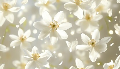 Obraz premium Delicate white blossoms float on a soft, light background. Petals gently fall