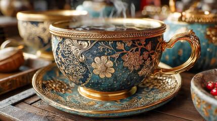 Luxurious gold and emerald teacups steaming on a wooden table, rich with intricate baroque detailing, symbolizing elegance and refinement