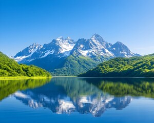Fototapeta premium A serene mountain lake with snow-capped peaks reflected in the water