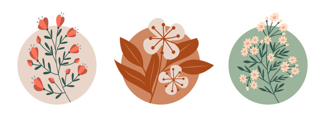A set of three types of beautiful compositions with small and large flowers on branches with leaves in a circle in retro colors and graininess.  Vector illustration.