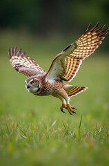 Fototapeta premium Short-eared Owl in Hunting Flight Over a Grassy Field