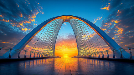 Arched Bridge with Cables Over Water Reflecting Dramatic Sky at Dusk or Dawn