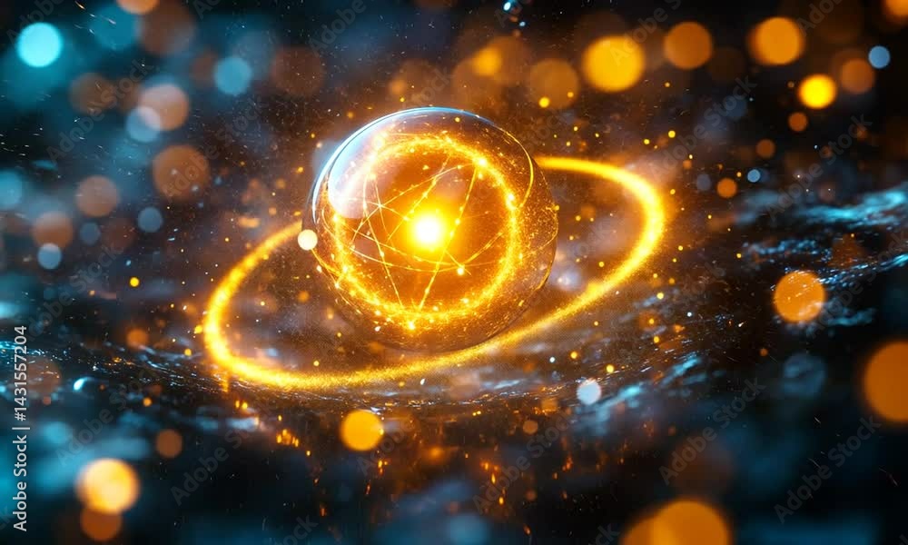 Poster glowing spherical object surrounded by radiant particles in a cosmic background