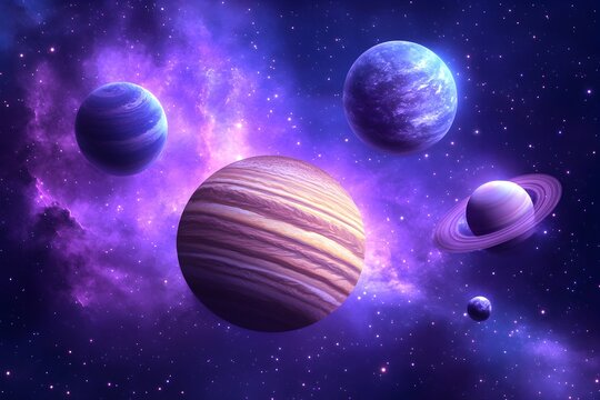 A vibrant nebula with multiple planets, including one with rings