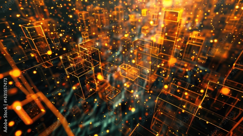 Poster abstract depiction of glowing orange digital grid. digital artwork of glowing orange dots or 3d rend