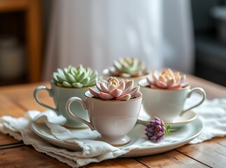 Charming repurposed teacups as succulent planters, delicate arrangement with soft pastel hues, vintage botanical decor
