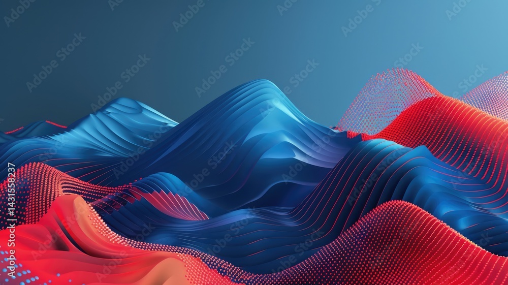 Poster swirling picture of red ray and blue light sparkling particles scattered across a space background, 