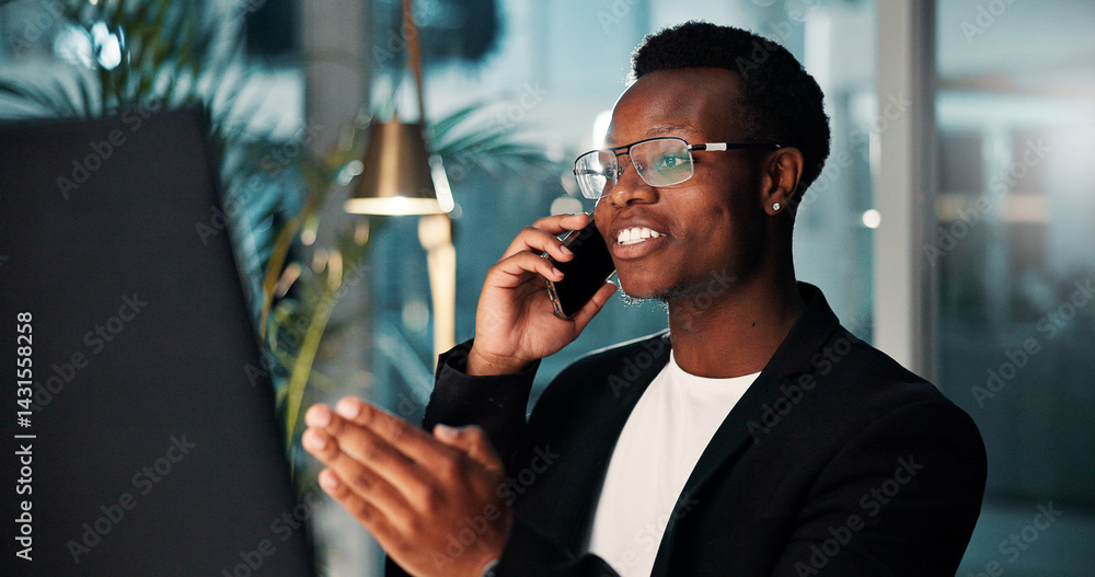 Poster project, black man and phone call with computer, smile and ideas for agency and online solution at n