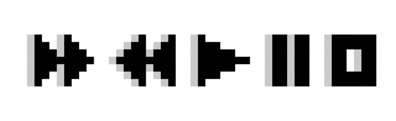 Obraz premium Pixelated Media Control Icons, Play Pause Stop, Retro Interface Symbols, 8-Bit Style Buttons, Minimal Design, Shadowed Media Control Icons, pixel art.