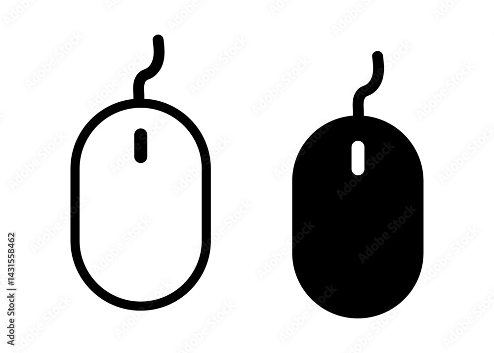 Poster computer mouse icons, outline and solid style, wired device symbols, simple vector design