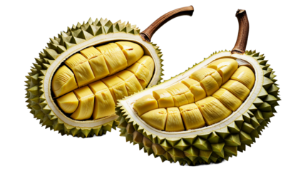 Delicious durian fruit sections isolated on black background detailed studio shot