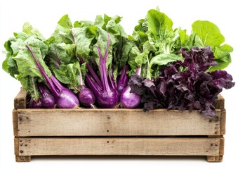 Wooden crate filled with vibrant purple turnips and assorted leafy greens