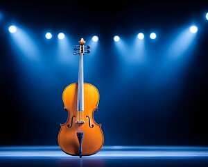 A cello on a stage lit by blue spotlights