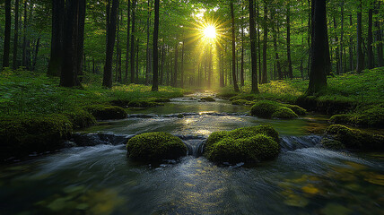Obraz premium Forest Stream Sunlight Filtering Through Tall Trees, Mossy Rocks, Tranquil Water