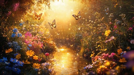 Serene Nature Scene with Colorful Butterflies and Vibrant Flowers