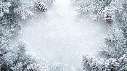 A white background with pine needles and snow