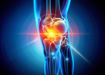 Naklejka premium Drone View: Glowing 3D Rendered Human Knee Joint - Medical Illustration
