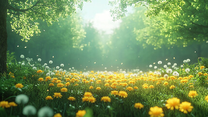 Obraz premium Meadow with Yellow Flowers and Dandelions in the Forest, Sunlight, Nature, Spring