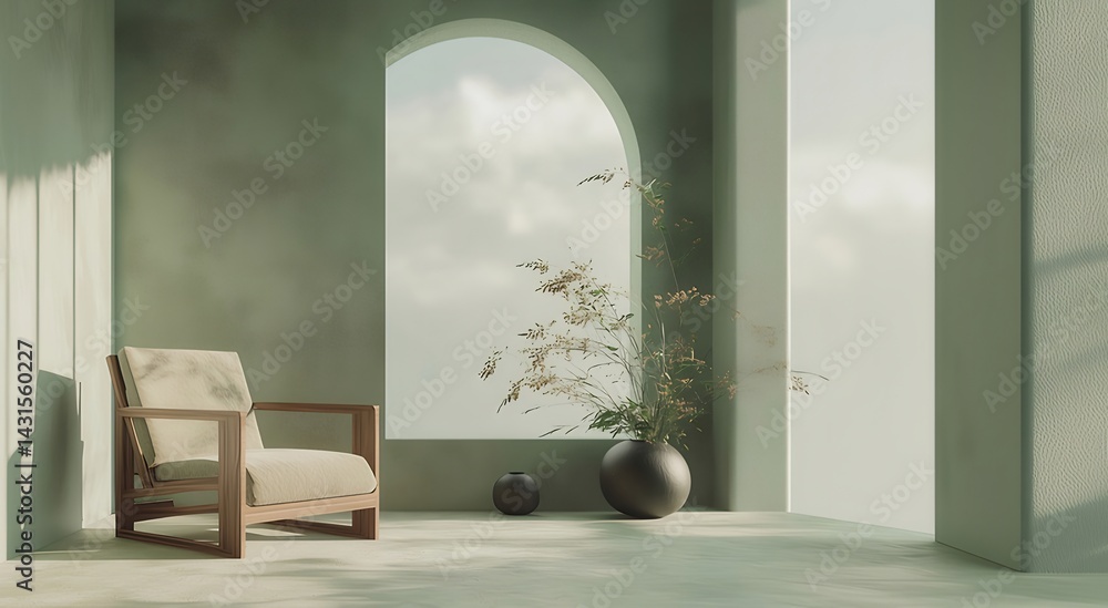 Poster アーチ窓のある室内シーン 木製フレームとクッションの椅子 植物の入った壺と背景の球体 淡い色の壁と床の光景