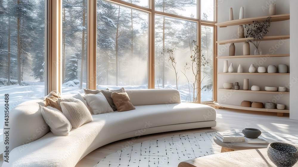 Poster 白いソファと窓からの雪景色が美しいリビングルームインテリア デザインの木製棚と調度品に囲まれた温かみのある冬の風景