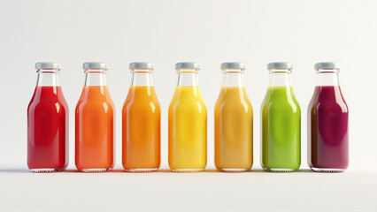 Assortment of Small Juice Bottles with Colorful Fruit Juices - Rainbow Display