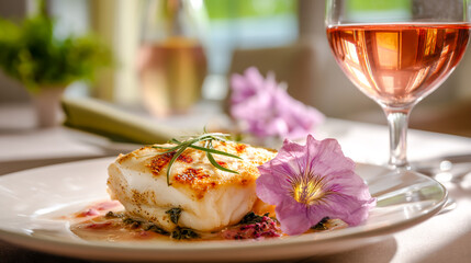 Gourmet grilled fish dish served with rose wine, elegant restaurant setting, violet flower garnish, upscale seafood dining experience