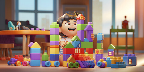 A child in blue shirt and red overalls plays joyfully with colorful building blocks on a wooden floor in a cozy room filled with toys.