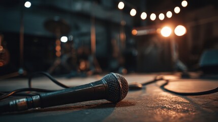 Microphone laying on the floor of a stage. photo.