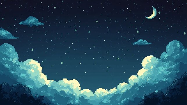 Mystical pixel art of night sky with crescent moon and fluffy clouds