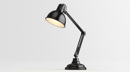A black lamp with a white shade is turned on