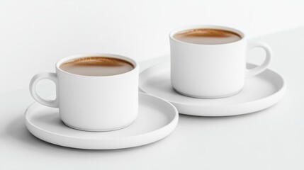 Obraz premium Two cups with a coffee drink on a white saucer and a plate on a white surface. generative ai