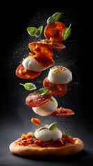 Flying Pizza Ingredients with Mozzarella, Pepperoni, and Basil

