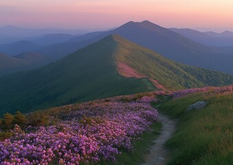 A winding path leads through a field of pink flowers blooming on a mountainside at sunset