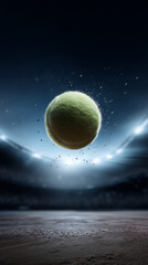 Tennis Ball Flying in Stadium Under Dramatic Lights
