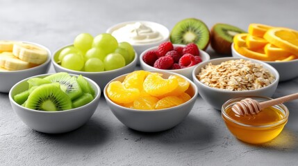 DIY fruit bar station with neatly labeled bowls of pre-sliced fruits, toppings like granola, yogurt, and honey, designed for brunch or buffet parties, copyspace for text - snack