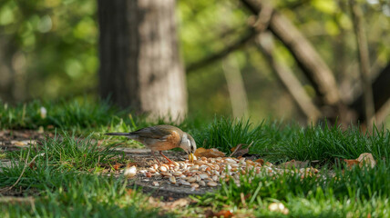 Fototapeta premium A bird pecks at seeds on cut grass