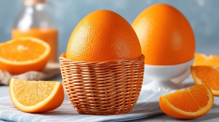 Easter egg hunt-themed fruit basket with wrapped clues inside carved fruit shells, surrounded by sliced oranges and hidden surprises., copyspace for text - cheerful citrus colorful