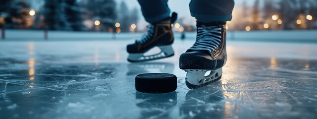 A close-up of ice skates near a puck on an outdoor rink, capturing a winter sports moment.